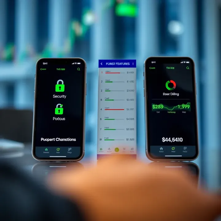 Comparison of forex app features including security icons, usability ratings, and cost indicators