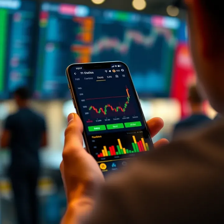 Mobile phone displaying a forex trading app interface with currency charts and analytics