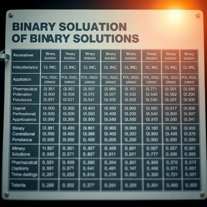 Chart displaying different types of binary solutions alongside their industrial applications in pharmaceutical and manufacturing sectors