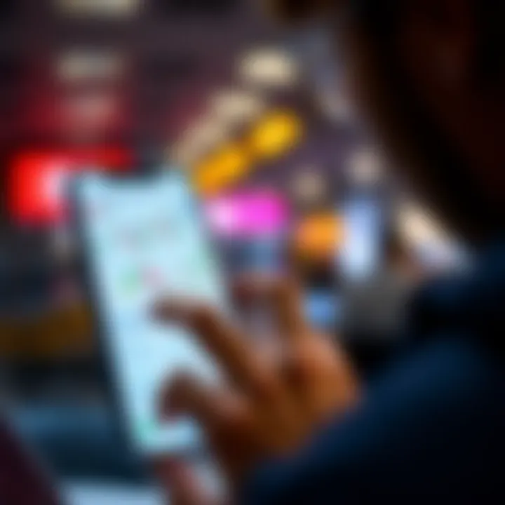 User interacting with a smartphone displaying various cryptocurrency trading charts and options