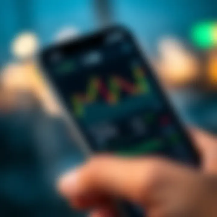 Forex Trading App Interface Displaying Currency Charts User interface of a forex trading application showing currency charts and trading options on a mobile device