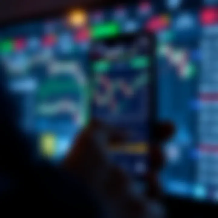 Forex Trading App Interface Highlighting Market Trends Smartphone displaying a forex trading app interface with charts and indicators