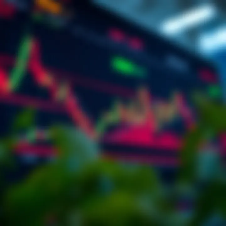 Chart showing various cryptocurrency trading indicators overlaid on price movements