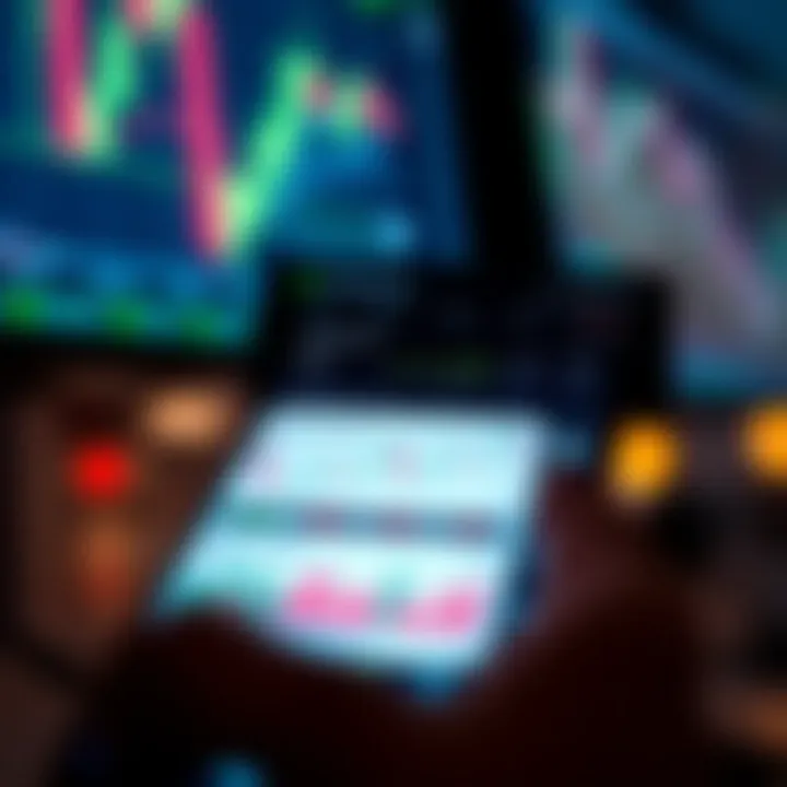 Mobile phone displaying a trading app interface with charts and market data