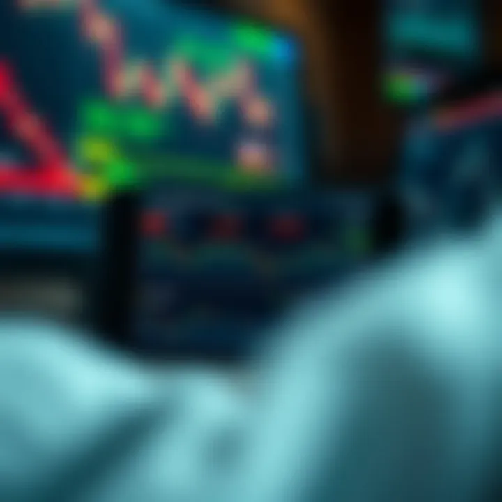 Mobile phone displaying various trading app interfaces with stock charts and currency exchange rates
