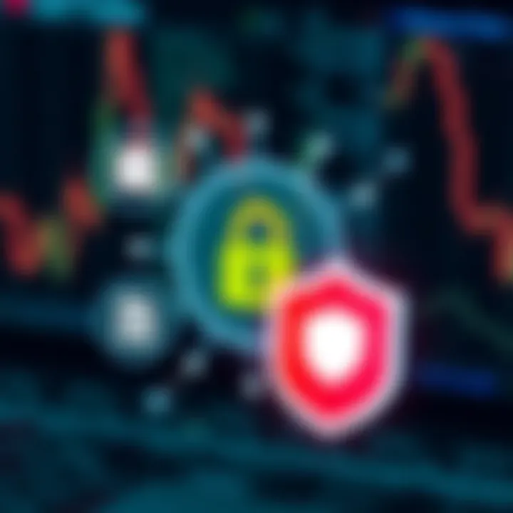 Illustration showing security features such as padlock and shield icons integrated with a digital currency background