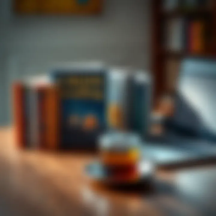 A collection of Urdu cryptocurrency trading books displayed on a wooden desk alongside a laptop and a cup of tea