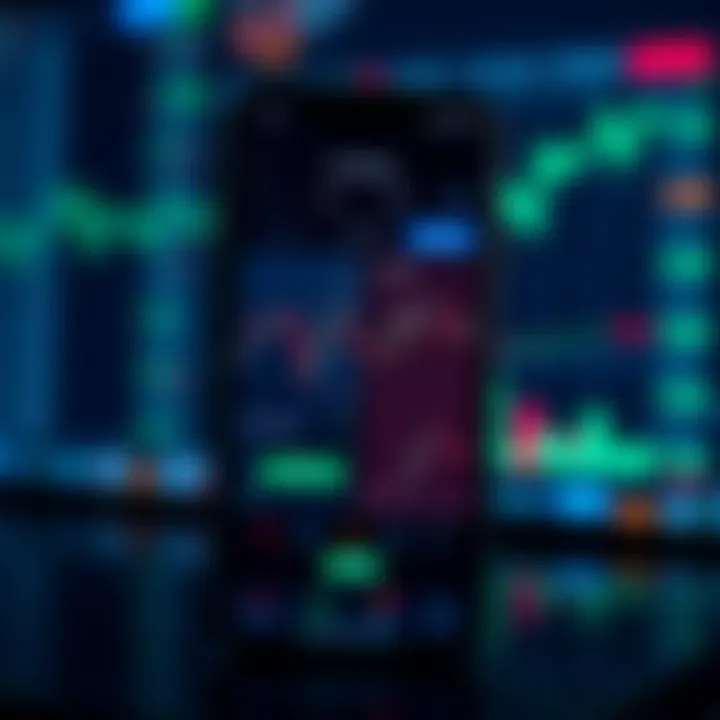 Mobile phone displaying a trading app interface with charts and market data