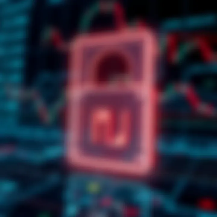 Conceptual representation of cybersecurity with digital lock and forex trading symbols emphasizing secure transactions