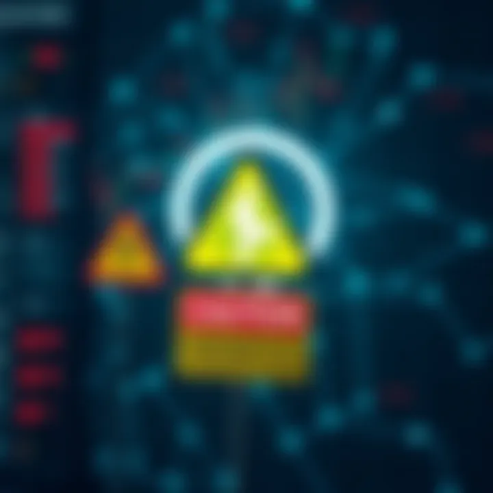 Understanding Risks and Precautions in Forex Trading Groups Caution symbol with warning signs and digital network background representing online trading risks