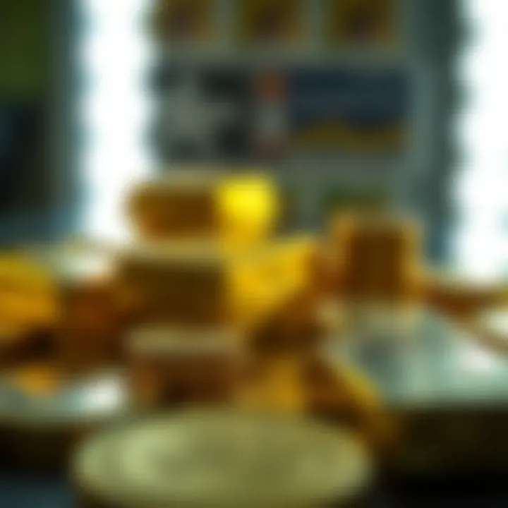Close-up of various gold bars and coins reflecting light