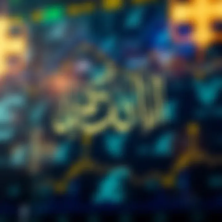 Islamic calligraphy symbolizing Shariah law principles overlaid on forex currency symbols