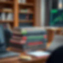 Collection of essential forex trading books stacked on a wooden desk with a laptop and notepad
