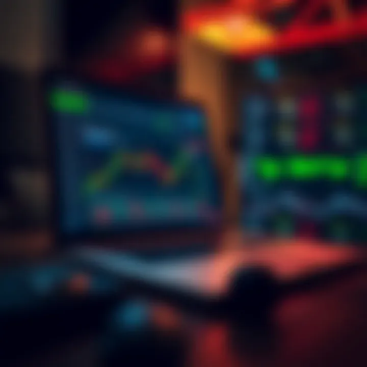 Illustration of a laptop showing a binary options trading platform interface with financial data