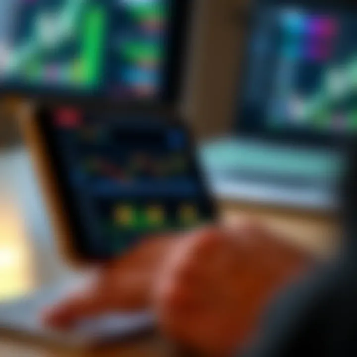 Mobile device displaying crypto trading app with charts and cryptocurrency icons