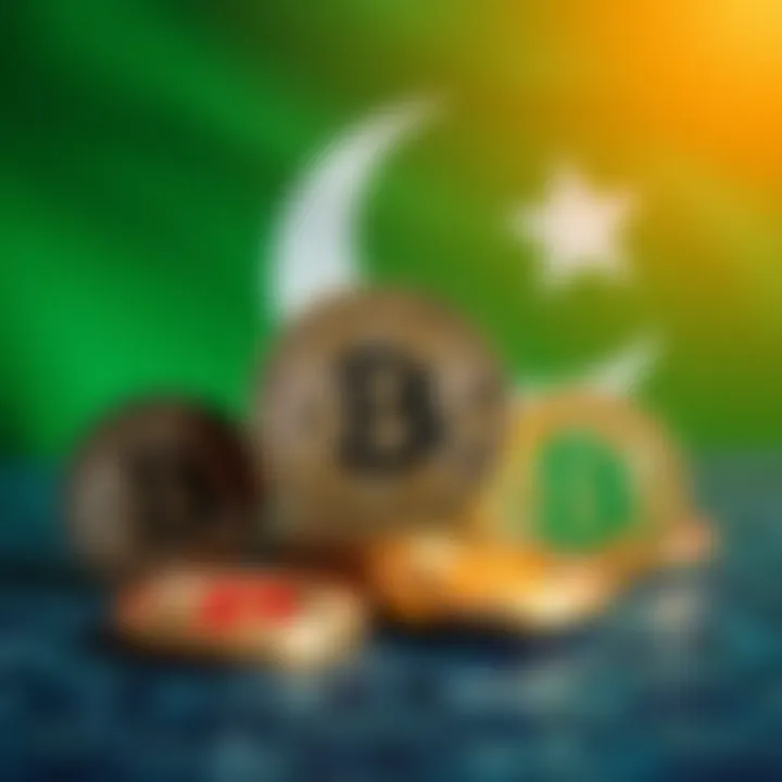 Digital representation of various cryptocurrencies with a Pakistani flag background