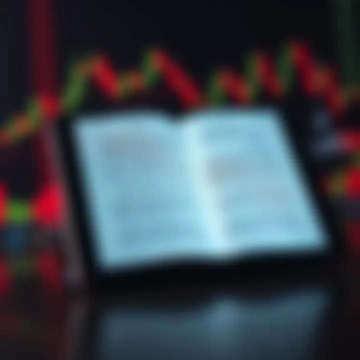 An open Urdu PDF book about cryptocurrency trading concepts on a tablet screen with digital charts in the background