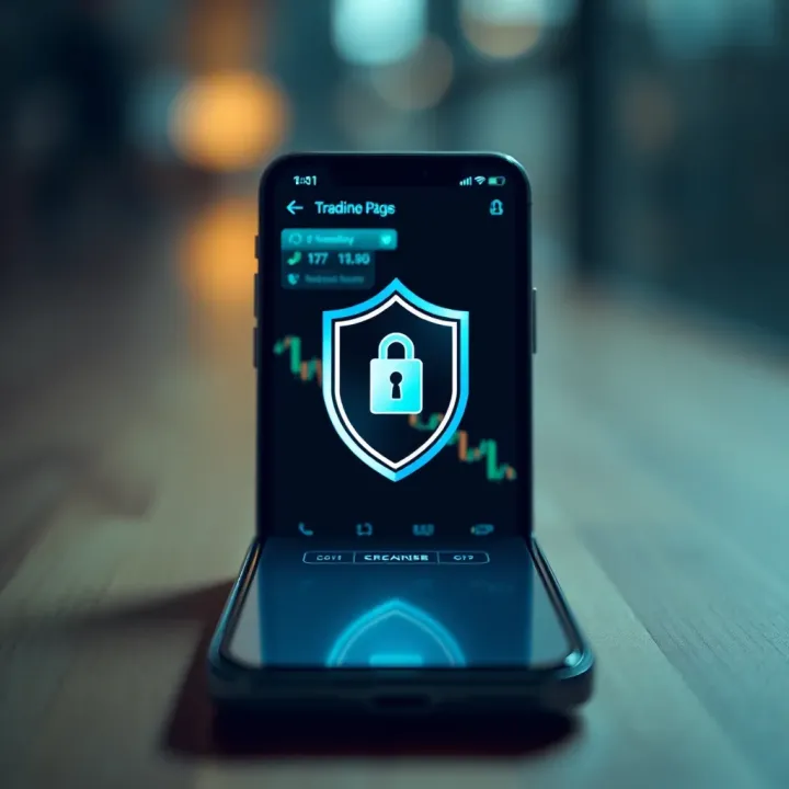 Enhanced Security Features for Crypto Trading on Mobile Devices Security shield icon overlaid on a smartphone representing secure crypto trading