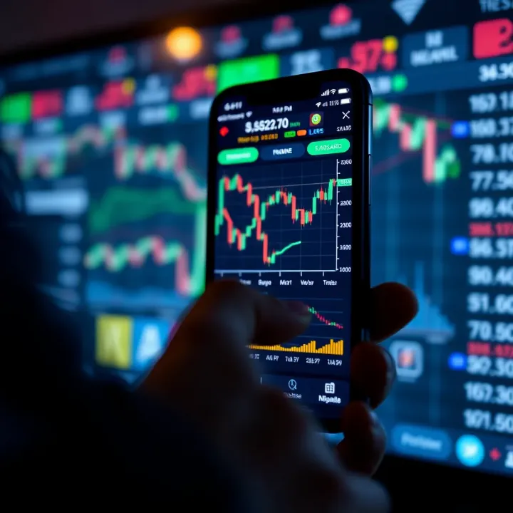 Smartphone displaying a forex trading app interface with charts and indicators