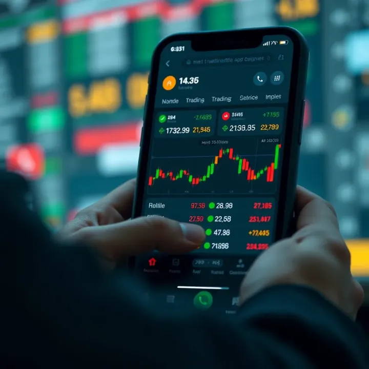 User interface showcasing stock trading app features on a mobile device in Pakistan