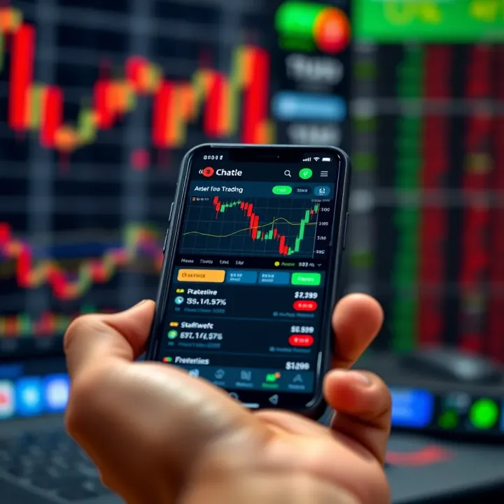 Mobile phone screen showing cryptocurrency trading options with real-time market data