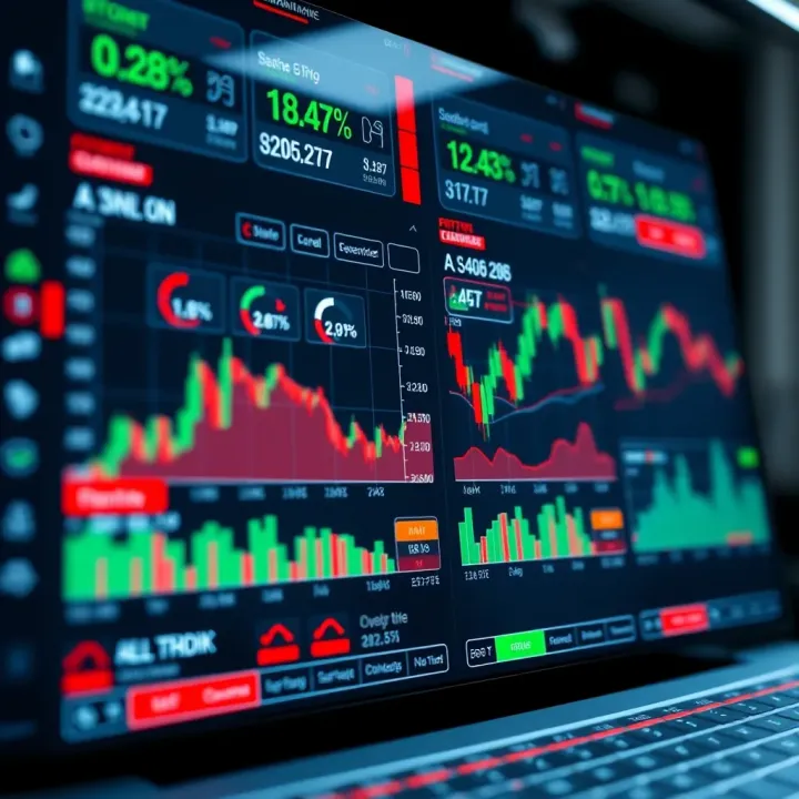 User interface displaying trading app dashboard with stock charts and portfolio overview