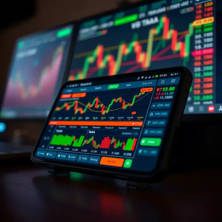 Mobile device displaying a trading application dashboard with market charts and data