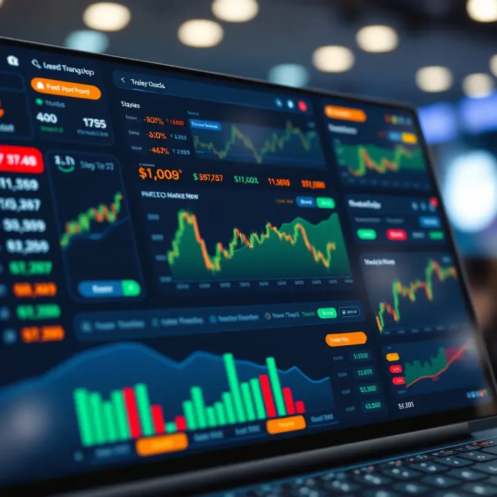 Trading App Dashboard Highlighting Key Features User interface showing various trading app features including charts, portfolio overview, and market news