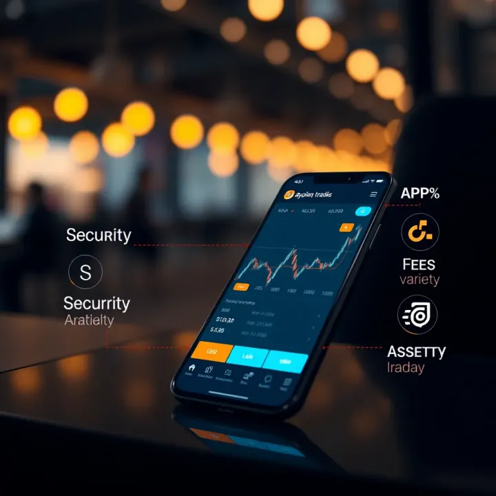 Illustration of key factors to consider when selecting a trading app including security, fees, and asset variety