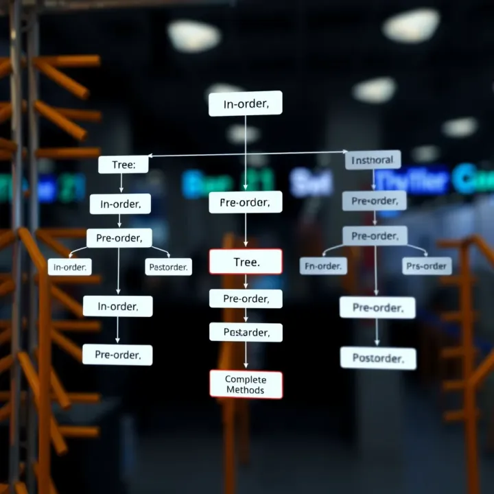Flowchart depicting traversal methods used in complete binary trees including in-order, pre-order, and post-order