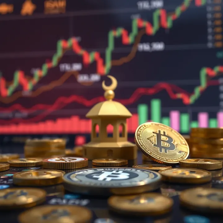Abstract representation of Islamic finance concepts with cryptocurrency symbols and financial charts