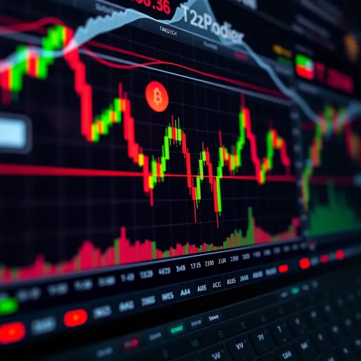Illustration showing a digital interface with cryptocurrency charts and graphs representing trading activities