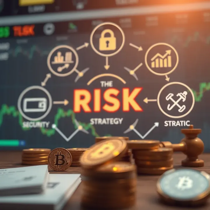 Visual representation of risk management concepts with icons for security, strategy, and regulation