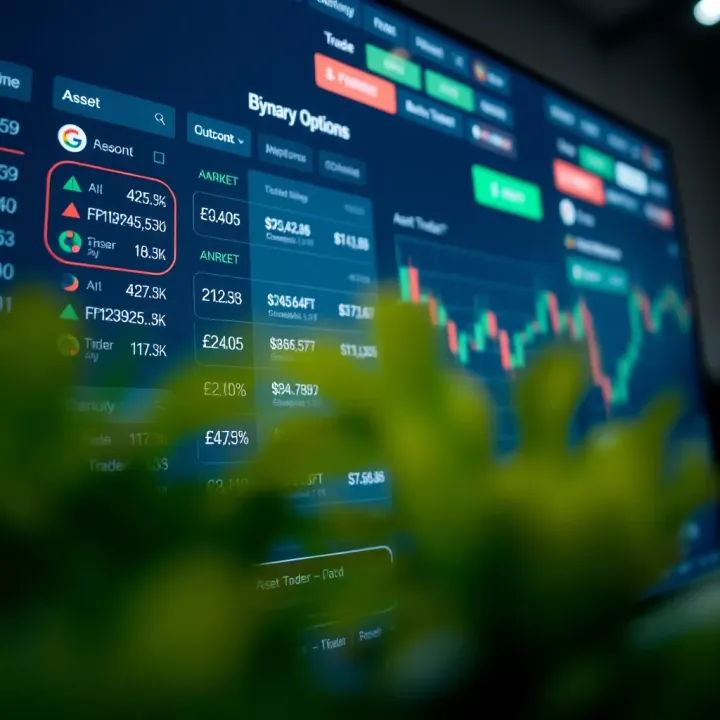 Illustration of a digital trading platform interface displaying asset selection and trade outcome options