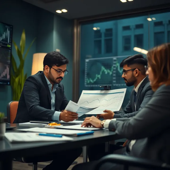 Business team analyzing financial charts and risk factors in office environment