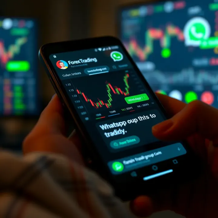 Mobile phone screen displaying Forex trading charts and WhatsApp group chat with trading tips