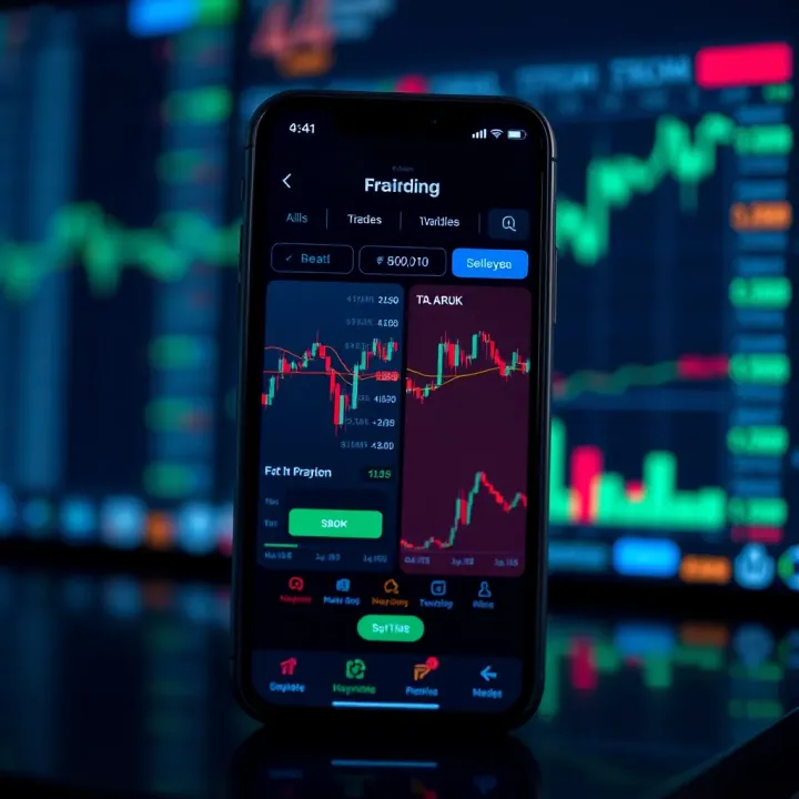 Mobile phone displaying a trading app interface with charts and market data