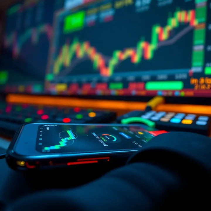 Smartphone screen displaying various financial trading app options with charts and market data
