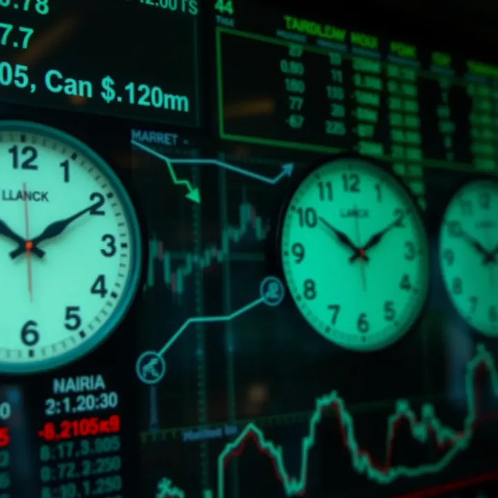 Clock faces showing overlapping trading hours between major forex markets with currency symbols