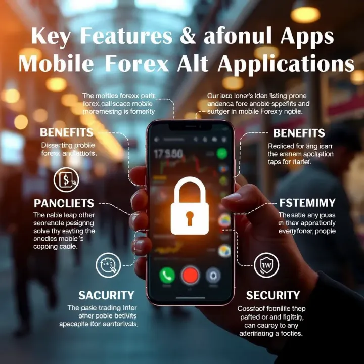 Graphic showing elements of mobile forex trading including app features, benefits, and security icons