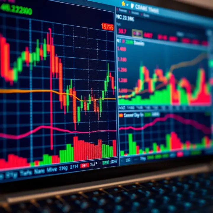 Currency pair charts displaying forex market trends with candlestick patterns and indicators