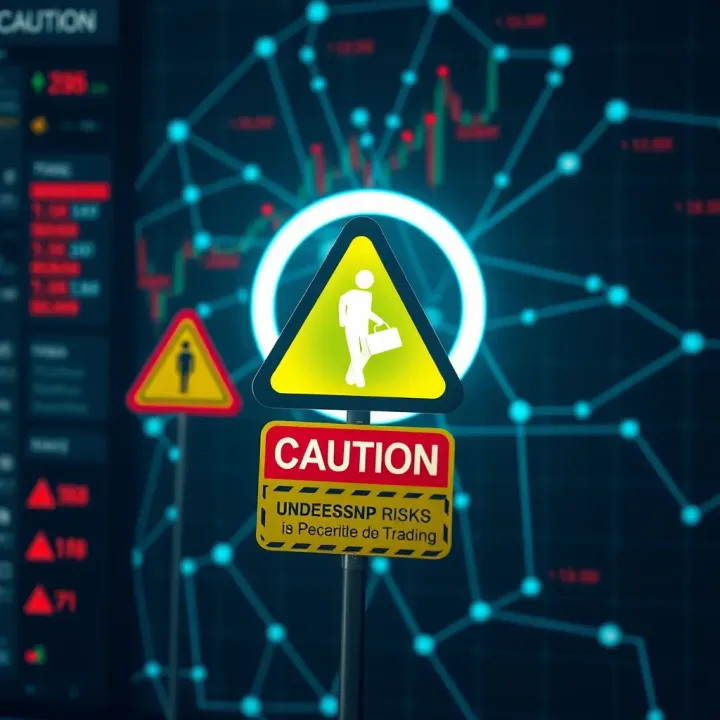 Caution symbol with warning signs and digital network background representing online trading risks
