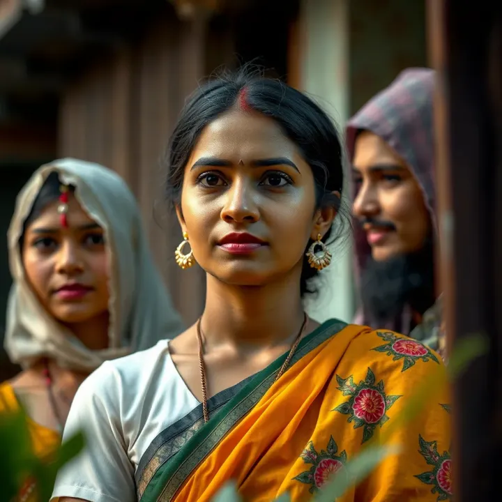Illustration depicting cultural elements and diverse expressions of gender within a South Asian context
