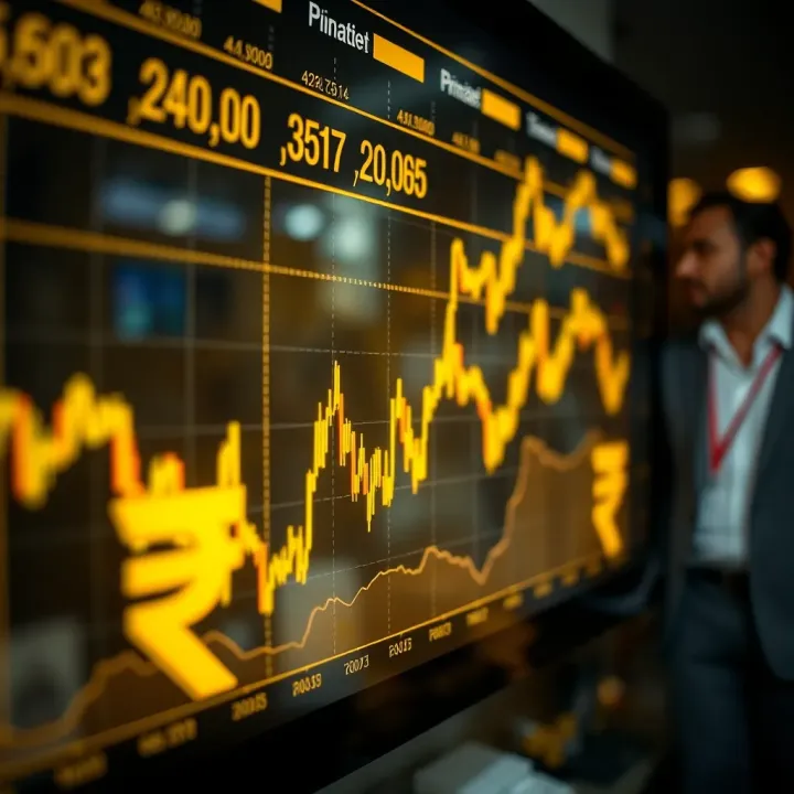Digital interface showing fluctuating gold price charts and Pakistani rupee symbols