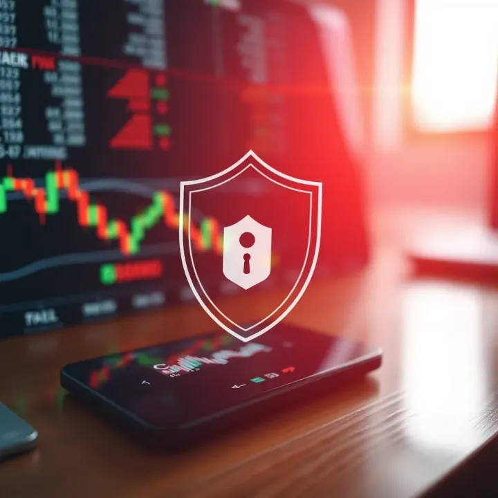Security shield icon overlaying a mobile device with forex trading graphs
