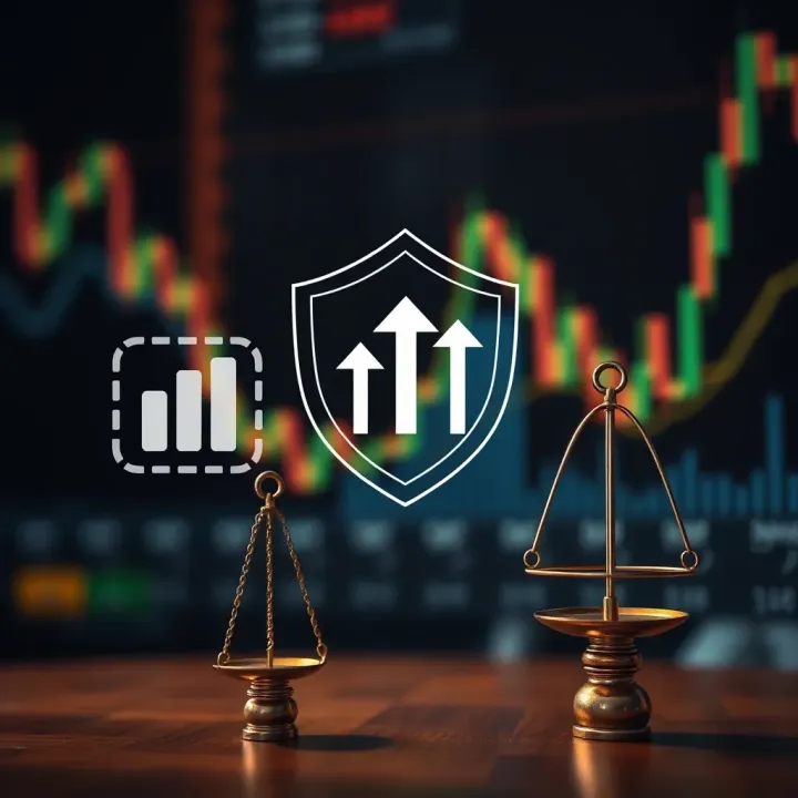 Graphic depicting risk management strategies with icons of shield, upward arrows, and balanced scales