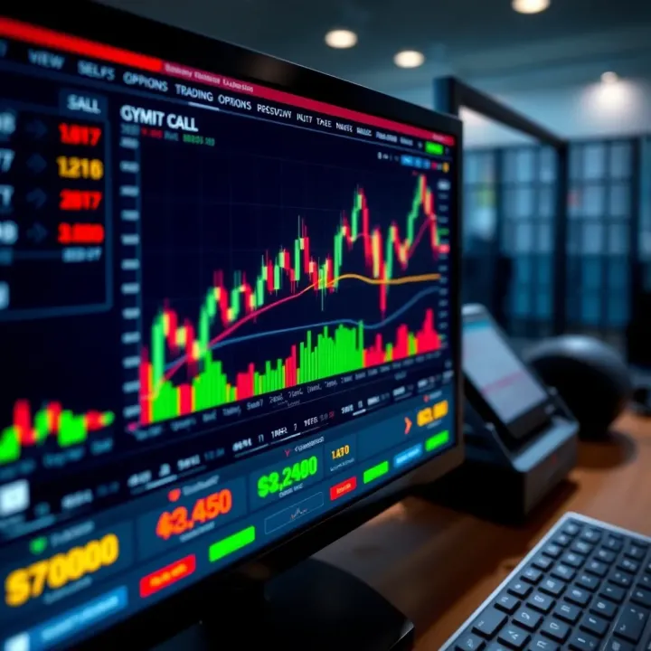 Illustration of binary options trading interface showing call and put options with financial charts