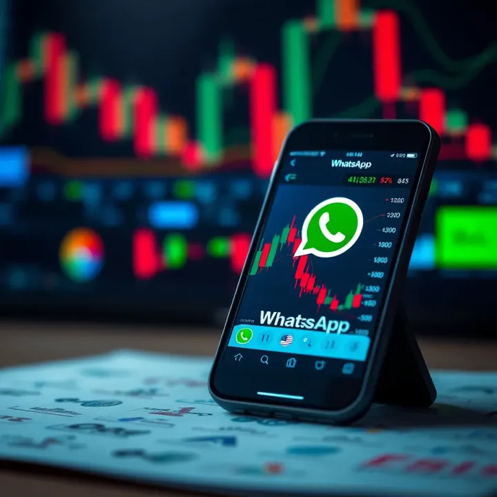 Mobile phone displaying forex trading charts with currency symbols and WhatsApp logo