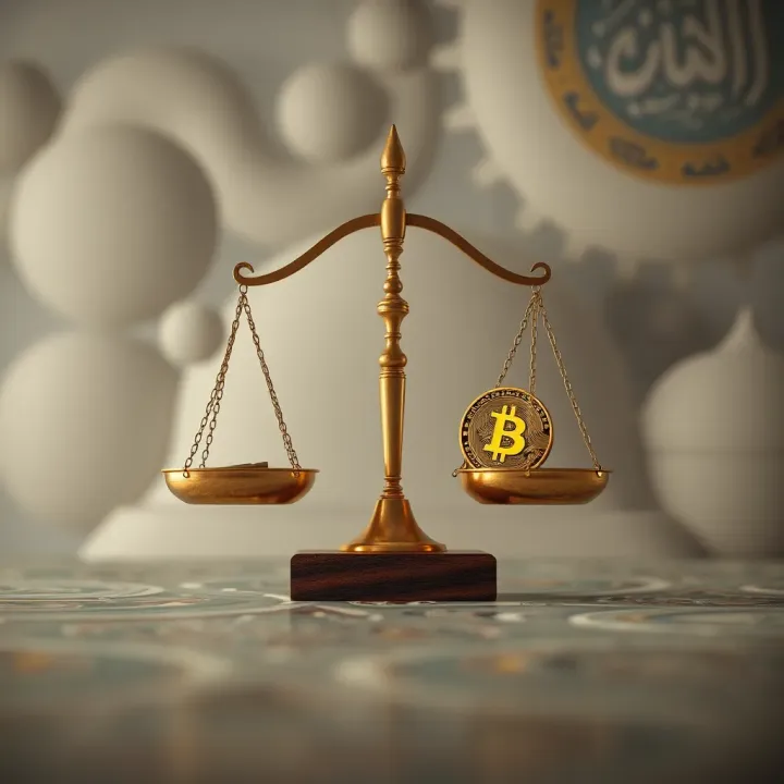 Islamic finance principles represented by traditional scales and digital currency symbols