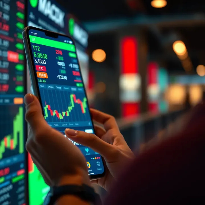 User interacting with a mobile trading platform displaying stock market charts and portfolio details